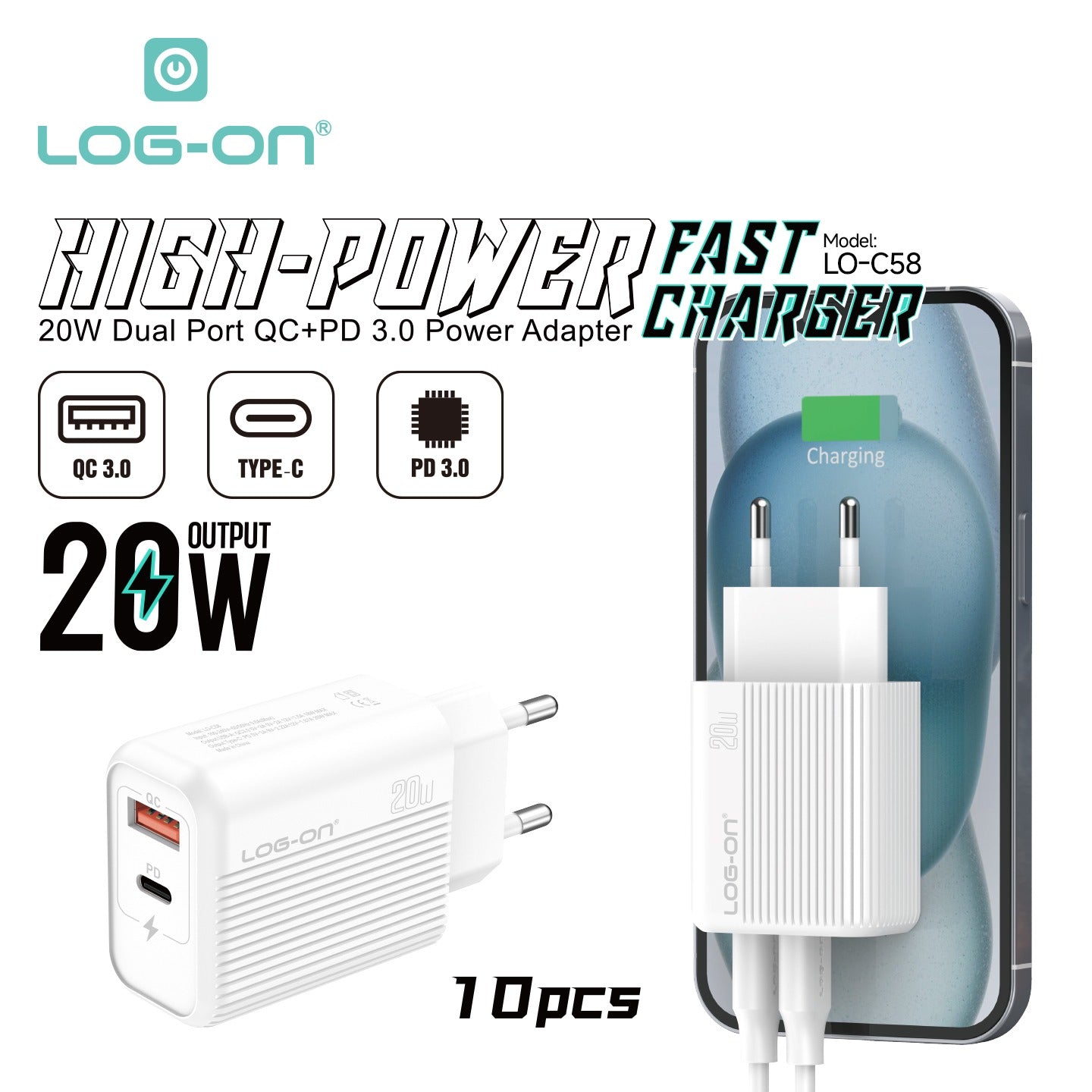 LOG ON KEPALA CHARGER 20W DUAL PORT PD3.0+QC For Iphone and Android LO-C58 FAST CHARGING (USB C+USB A)