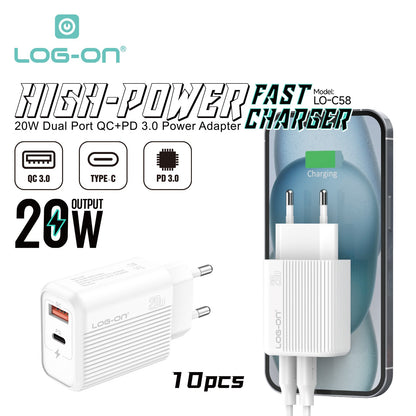 LOG ON KEPALA CHARGER 20W DUAL PORT PD3.0+QC For Iphone and Android LO-C58 FAST CHARGING (USB C+USB A)
