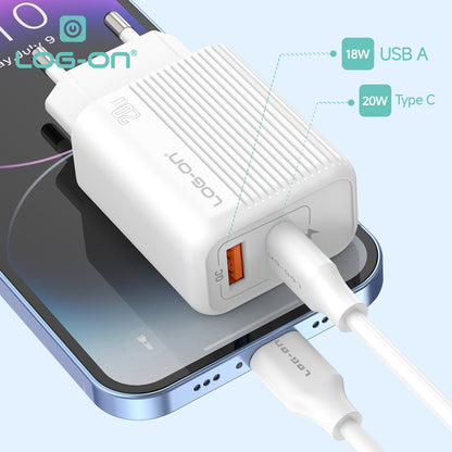 LOG ON KEPALA CHARGER 20W DUAL PORT PD3.0+QC For Iphone and Android LO-C58 FAST CHARGING (USB C+USB A)