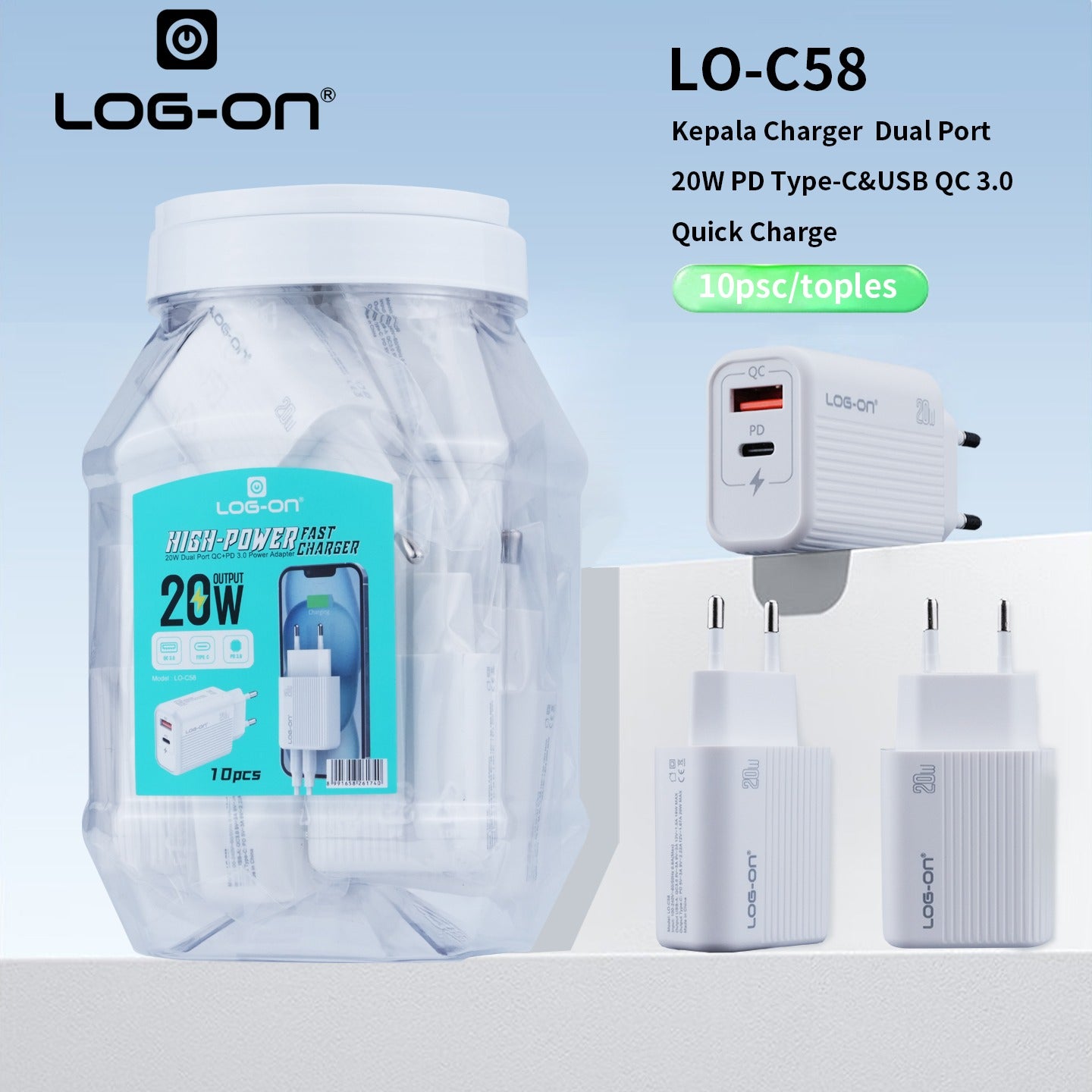 LOG ON KEPALA CHARGER 20W DUAL PORT PD3.0+QC For Iphone and Android LO-C58 FAST CHARGING (USB C+USB A)