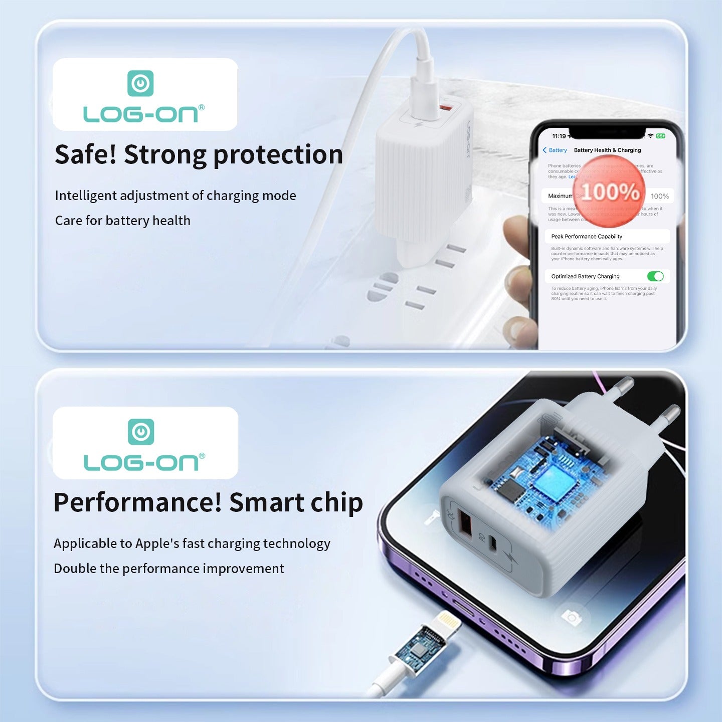 LOG ON KEPALA CHARGER 20W DUAL PORT PD3.0+QC For Iphone and Android LO-C58 FAST CHARGING (USB C+USB A)