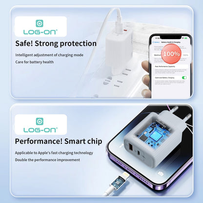 LOG ON KEPALA CHARGER 20W DUAL PORT PD3.0+QC For Iphone and Android LO-C58 FAST CHARGING (USB C+USB A)
