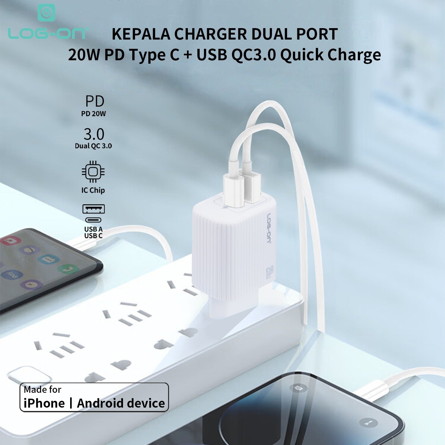 LOG ON KEPALA CHARGER 20W DUAL PORT PD3.0+QC For Iphone and Android LO-C58 FAST CHARGING (USB C+USB A)