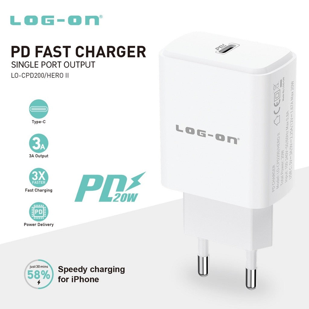 LOG-ON Kepala Charger 20w Power Delivery Type C Fast Charging