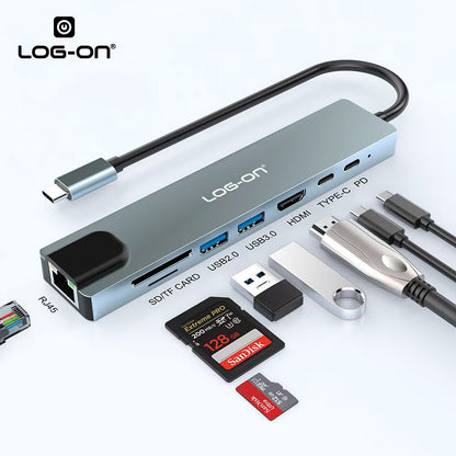 LOG ON 8in1 USB-C HUB Converter to HDMI4K USB Micro SD Card LO-HUB07 Dongle Ethernet RJ45