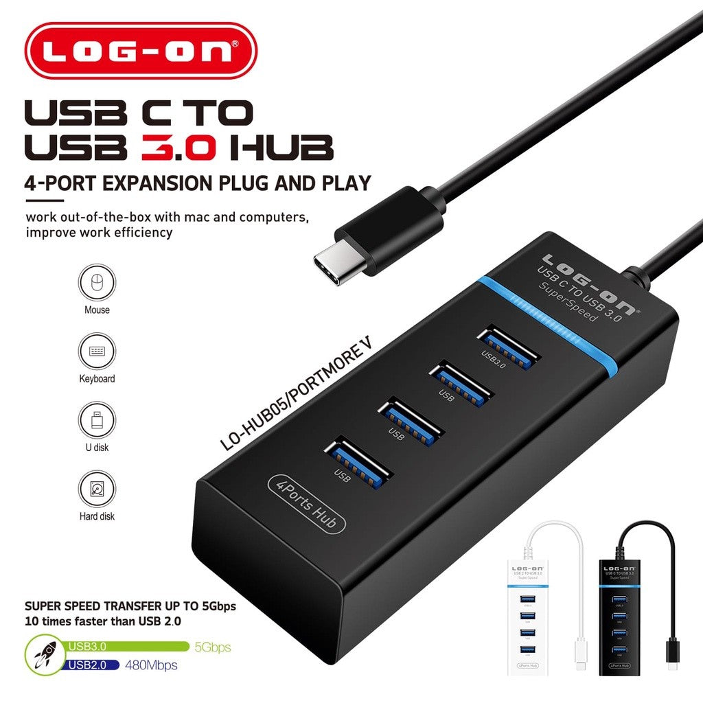 USB HUB LOGON Type C 3.0 4port High Speed Power For Mac,Windows,Linux, 0.15 meter
