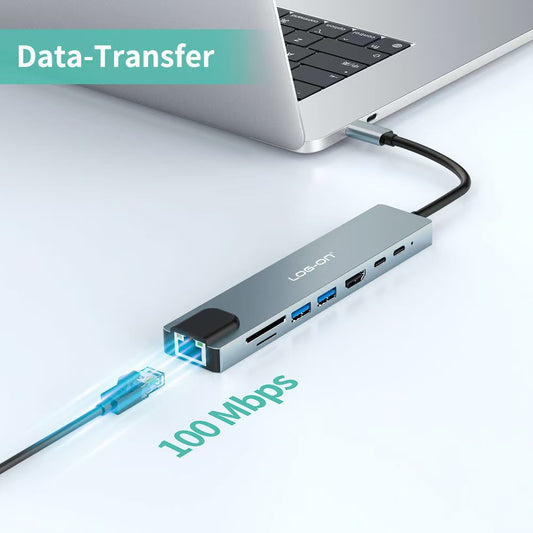 LOG ON 8in1 USB-C HUB Converter to HDMI4K USB Micro SD Card LO-HUB07 Dongle Ethernet RJ45