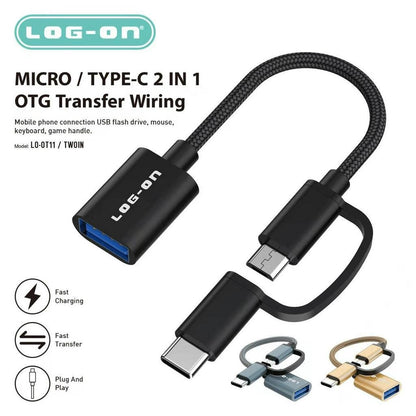 LOG ON OTG KABEL 2 IN 1  TYPE C DAN MICRO TO USB A LO-OT11(bisa digunakan untuk flashdisk sampai 2 TB), bisa untuk soundcard