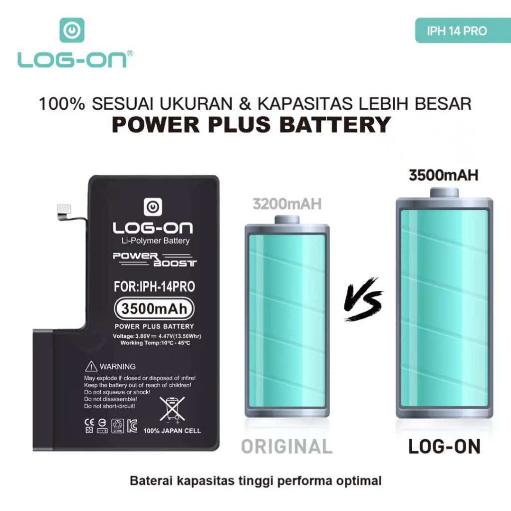 Log On - Iphone 14 / Ip 14 Plus / Ip 14 Pro / Ip 14 Pro Max Power Plus Original Battery Baterai Batre