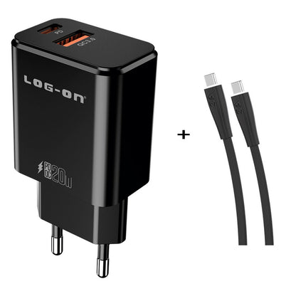 LOG ON PD 3.0 QC 20W C50 Kepala Charger USB Type C Fast Charging Adapter Fullset 2 Port USB + kabel