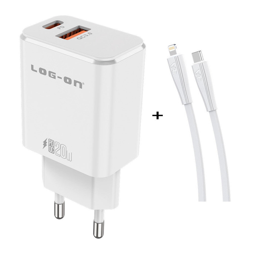 LOG ON PD 3.0 QC 20W C50 Kepala Charger USB Type C Fast Charging Adapter Fullset 2 Port USB + kabel