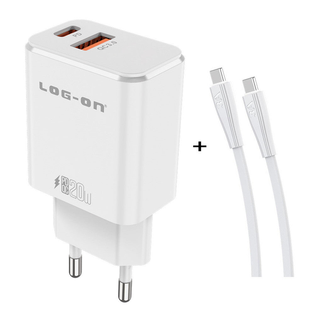 LOG ON PD 3.0 QC 20W C50 Kepala Charger USB Type C Fast Charging Adapter Fullset 2 Port USB + kabel