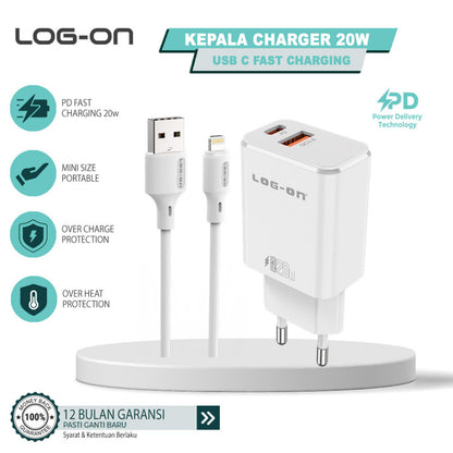LOG ON PD 3.0 QC 20W C50 Kepala Charger USB Type C Fast Charging Adapter Fullset 2 Port USB + kabel