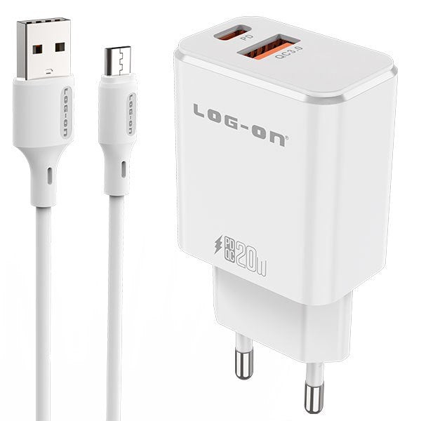 LOG ON PD 3.0 QC 20W C50 Kepala Charger USB Type C Fast Charging Adapter Fullset 2 Port USB + kabel