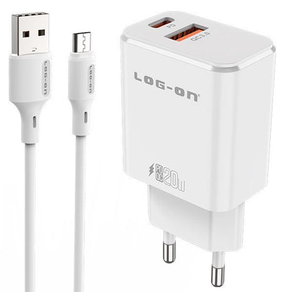 LOG ON PD 3.0 QC 20W C50 Kepala Charger USB Type C Fast Charging Adapter Fullset 2 Port USB + kabel