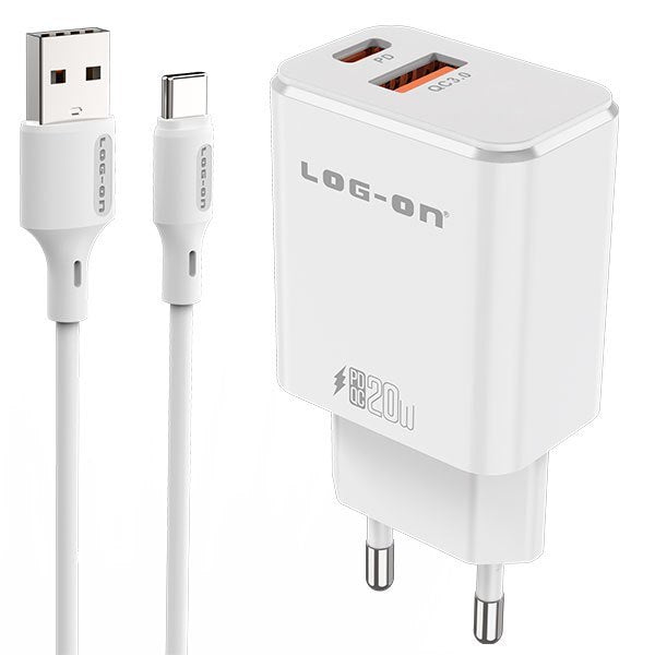 LOG ON PD 3.0 QC 20W C50 Kepala Charger USB Type C Fast Charging Adapter Fullset 2 Port USB + kabel