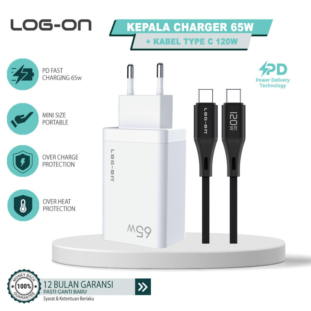 LOG ON CHARGER 3PORT PD 65W + QC 4.0 + QC3.0 LO-CPD500 GaN SUPER QUICK CHARGER-GARANSI RESMI