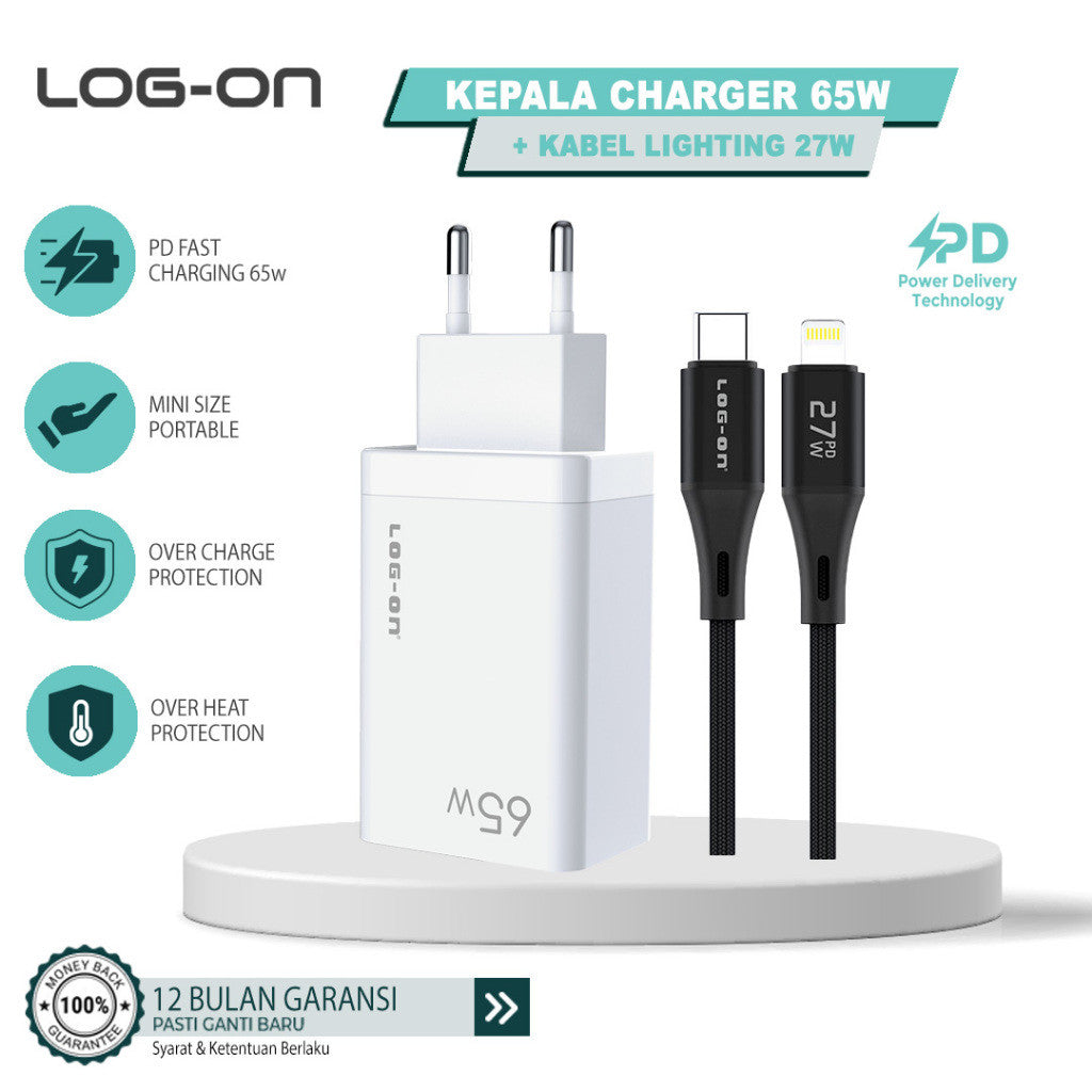LOG ON CHARGER 3PORT PD 65W + QC 4.0 + QC3.0 LO-CPD500 GaN SUPER QUICK CHARGER-GARANSI RESMI