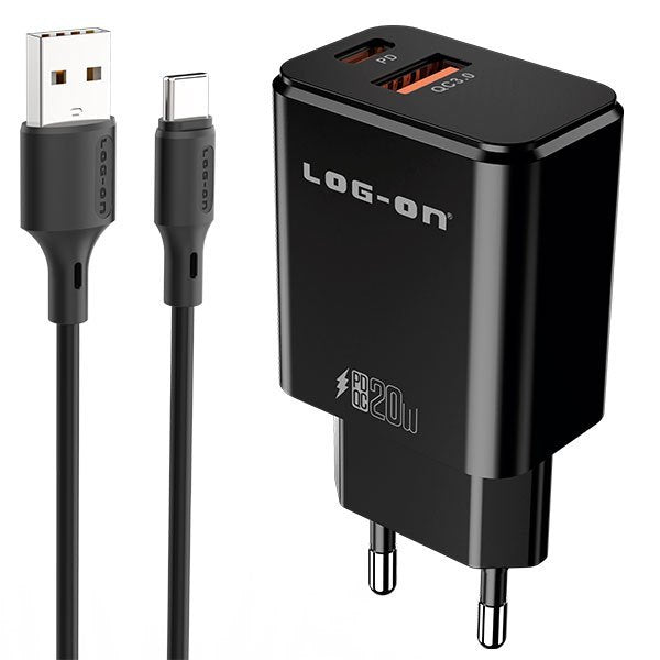 LOG ON PD 3.0 QC 20W C50 Kepala Charger USB Type C Fast Charging Adapter Fullset 2 Port USB + kabel