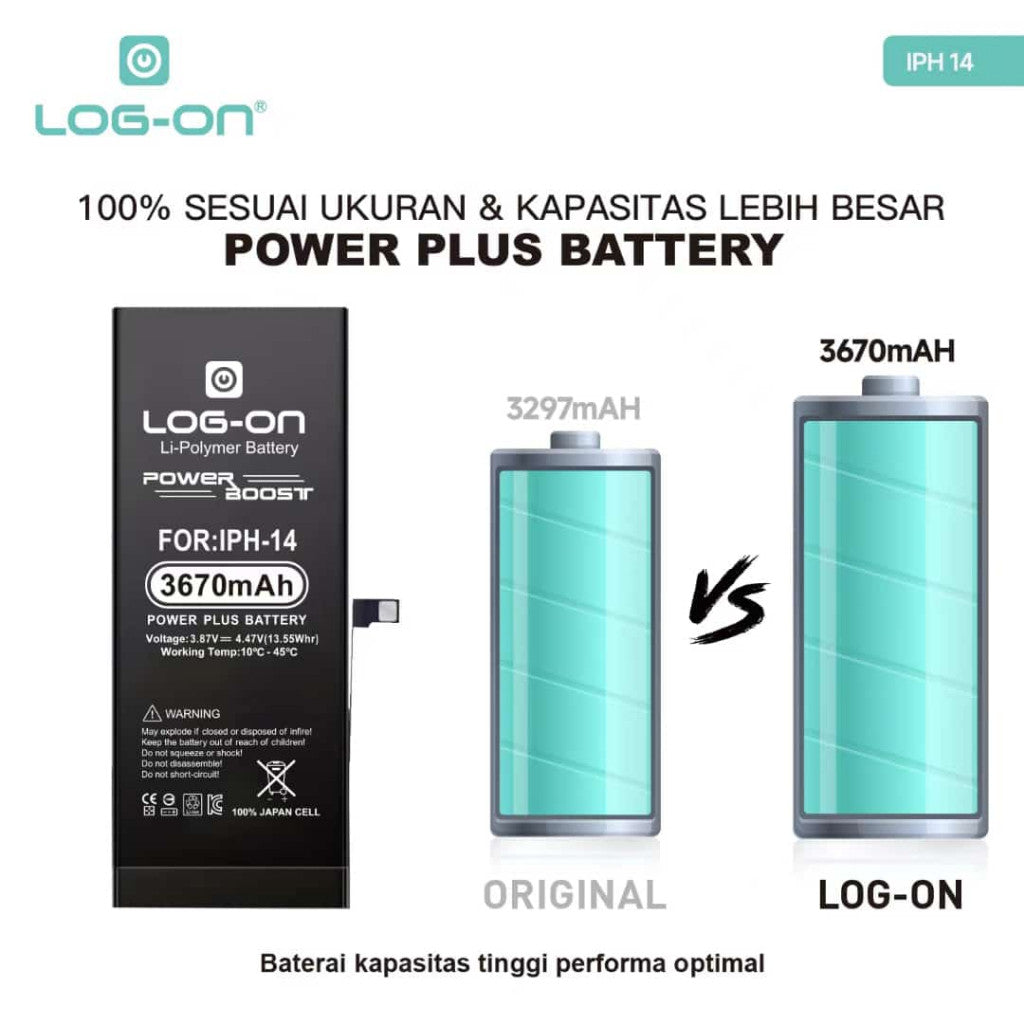 Log On - Iphone 14 / Ip 14 Plus / Ip 14 Pro / Ip 14 Pro Max Power Plus Original Battery Baterai Batre