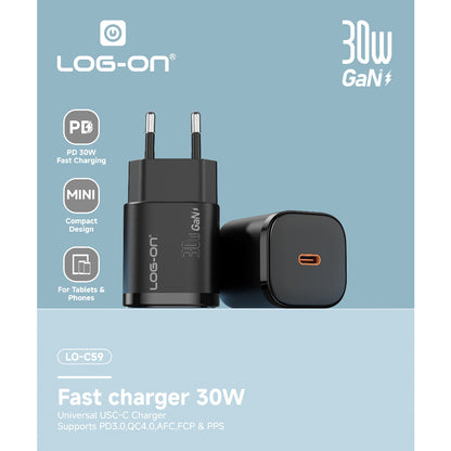 LOG ON ADAPTER QUICK CHARGER 30W C-to-C iphone/Samsung LO-C59 Powered by GaN FAst Charging
