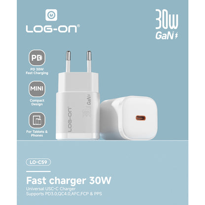 LOG ON ADAPTER QUICK CHARGER 30W C-to-C iphone/Samsung LO-C59 Powered by GaN FAst Charging