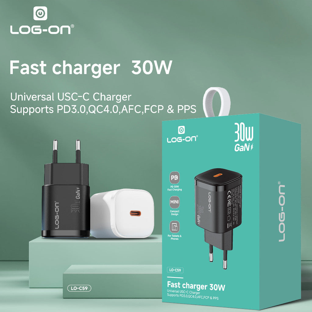 LOG ON ADAPTER QUICK CHARGER 30W C-to-C iphone/Samsung LO-C59 Powered by GaN FAst Charging