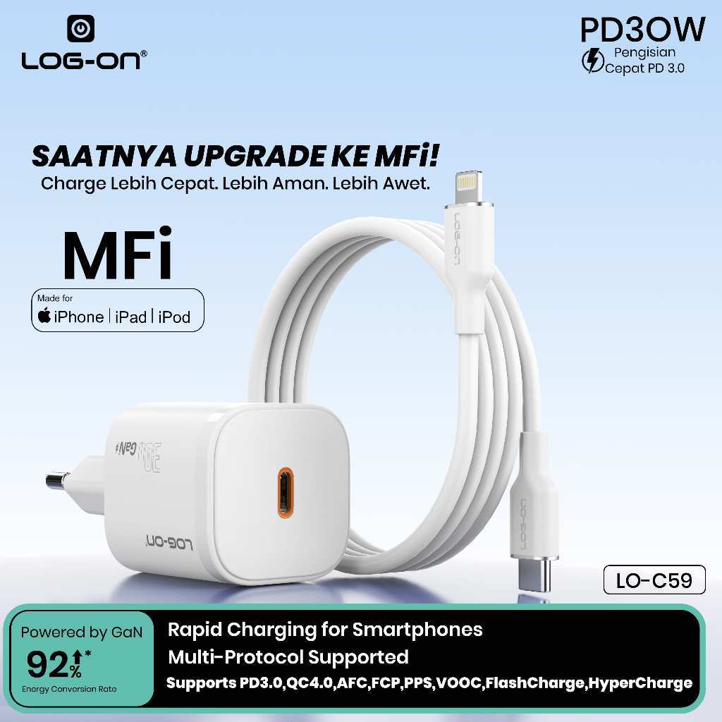 Kabel Log-On 27W USB-C to Lightning MFI LGO-10 Silikon Fast Charging 27W Apple MFi Certified 1.2M untuk iPhone iPad iPod