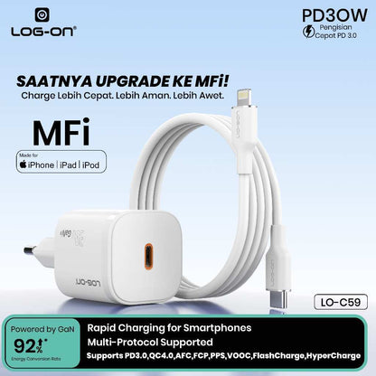 Kabel Log-On 27W USB-C to Lightning MFI LGO-10 Silikon Fast Charging 27W Apple MFi Certified 1.2M untuk iPhone iPad iPod