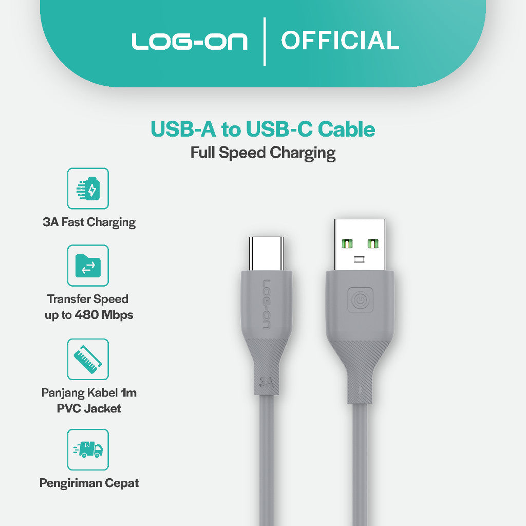 LOG ON KABEL TYPE C/IPHONE FAST CHARGING 3A 1Meter CB80, Desain Tahan Lama, Fleksibel, Pengisian Aman, 30000+ Uji Bending