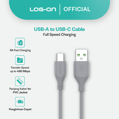 LOG ON KABEL TYPE C/IPHONE FAST CHARGING 3A 1Meter CB80, Desain Tahan Lama, Fleksibel, Pengisian Aman, 30000+ Uji Bending