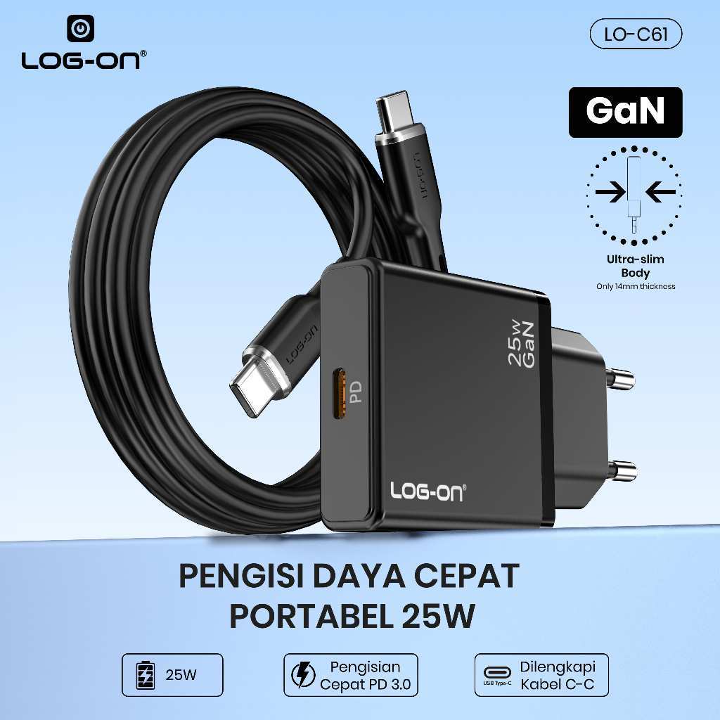 LOG-ON  Fast Charger PD25W GaN Ultra Slim  LO-C61   + Kabel USB-C 1.2M | Fast Charging | 8 Layer Protection