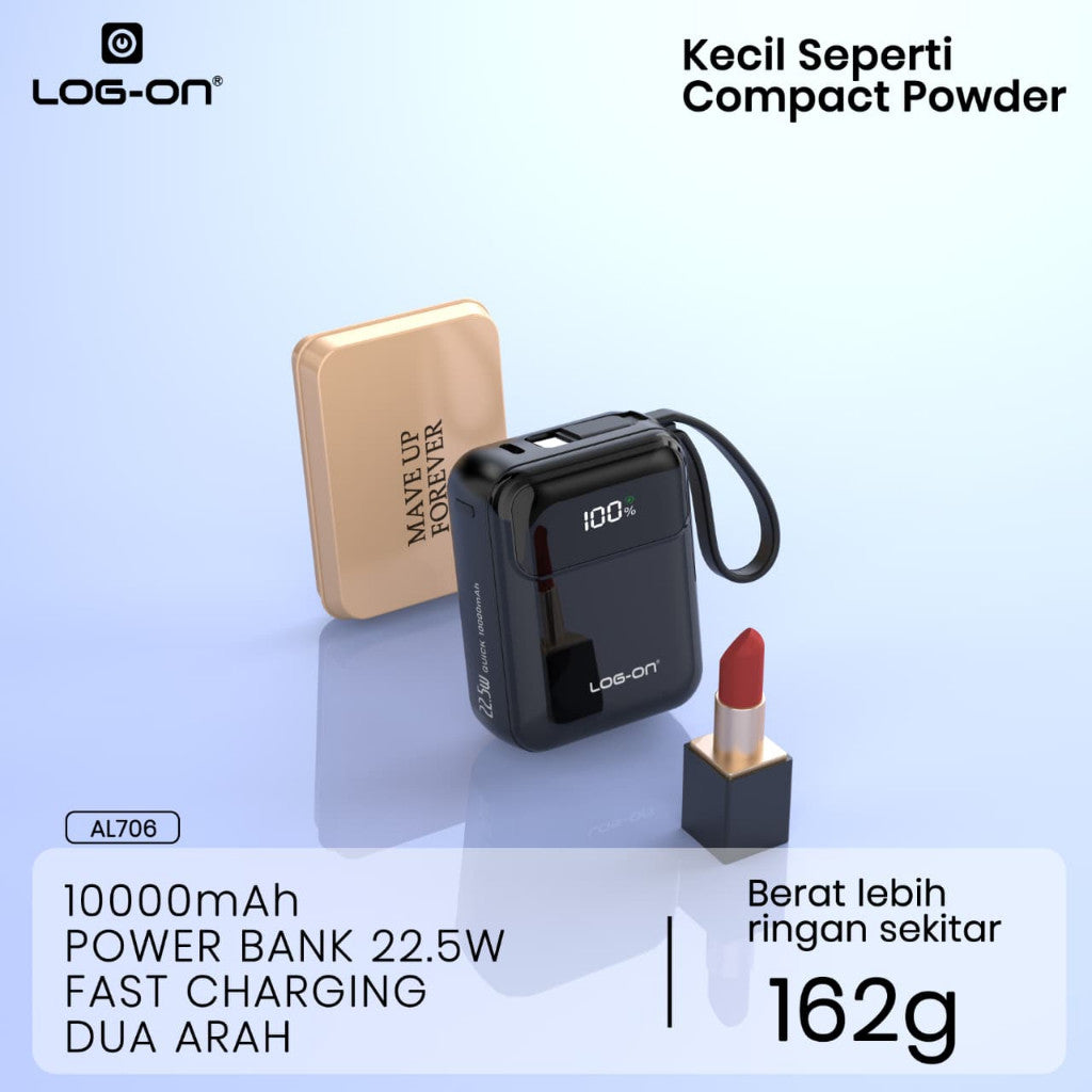 LOG-ON POWERBANK AL706 3C/CCC PD 22.5W 10.000mAh – BUILT-IN CABLE TYPE-C & LIGHTNING
