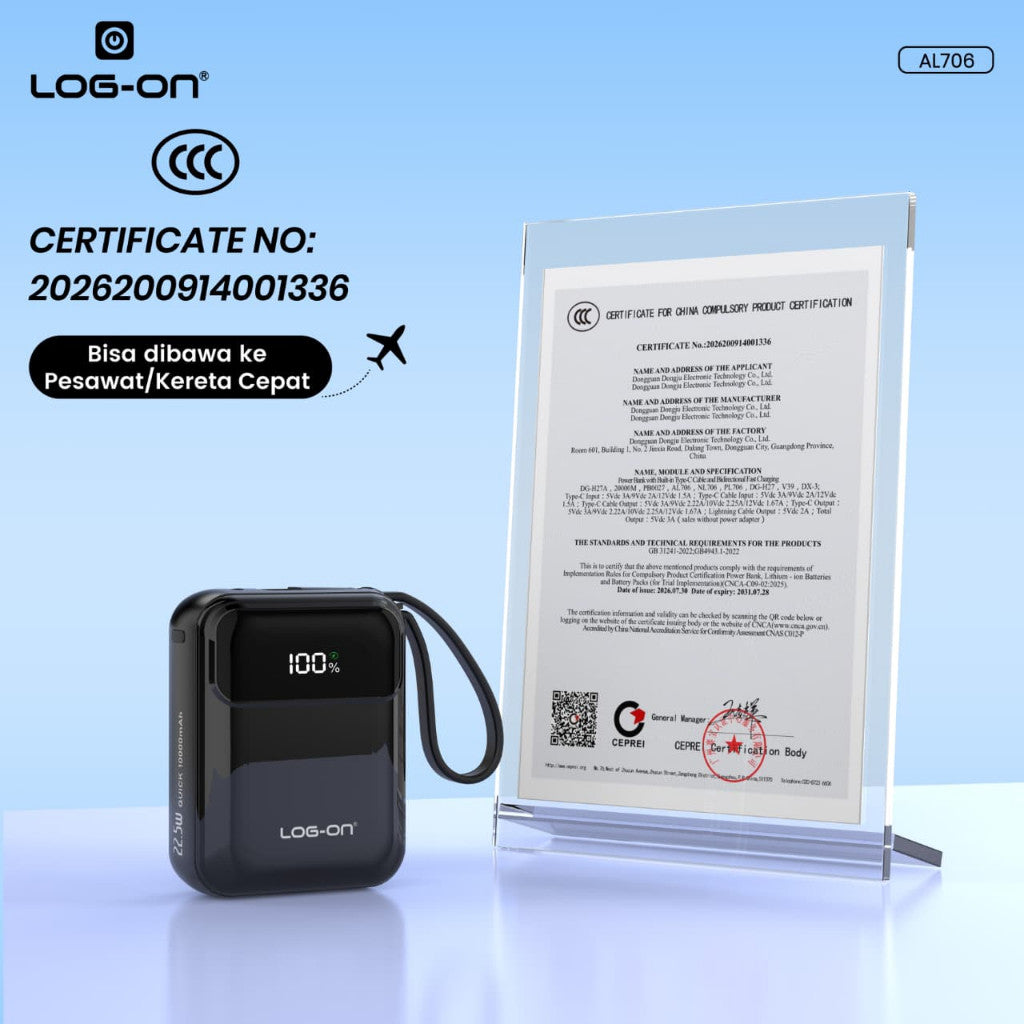 LOG-ON POWERBANK AL706 3C/CCC PD 22.5W 10.000mAh – BUILT-IN CABLE TYPE-C & LIGHTNING