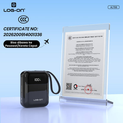 LOG-ON POWERBANK AL706 3C/CCC PD 22.5W 10.000mAh – BUILT-IN CABLE TYPE-C & LIGHTNING