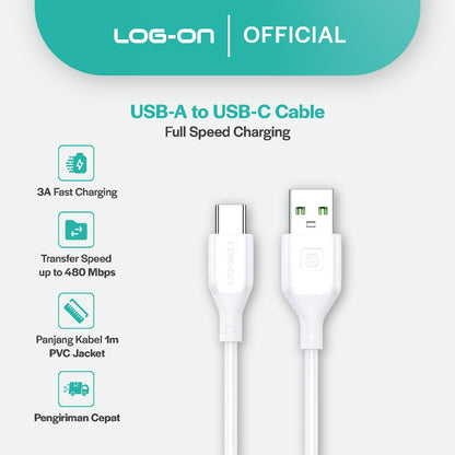 LOG ON KABEL TYPE C/IPHONE FAST CHARGING 3A 1Meter CB80, Desain Tahan Lama, Fleksibel, Pengisian Aman, 30000+ Uji Bending