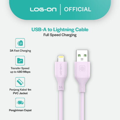 LOG ON KABEL TYPE C/IPHONE FAST CHARGING 3A 1Meter CB80, Desain Tahan Lama, Fleksibel, Pengisian Aman, 30000+ Uji Bending