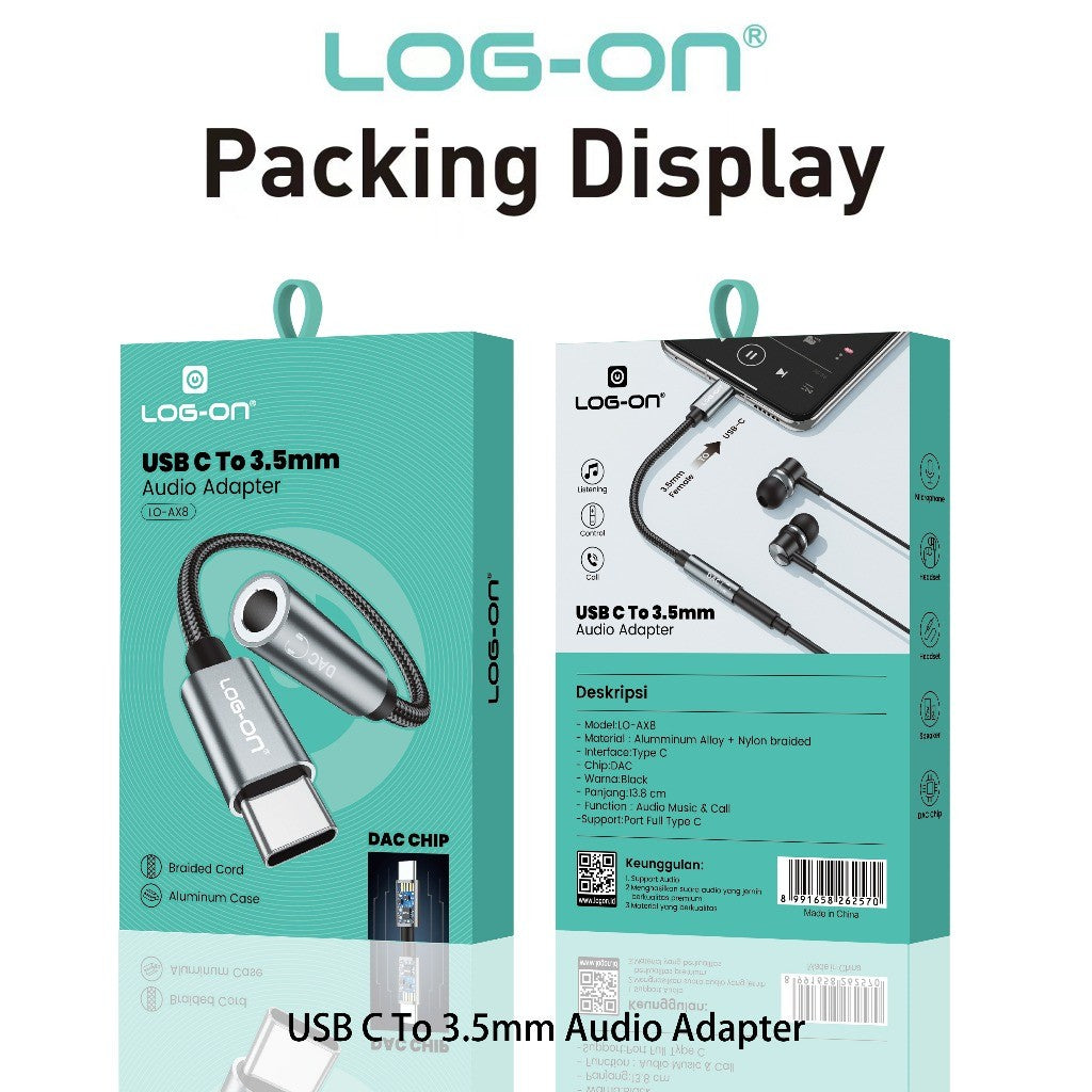 LOG-ON LO-AX8 Audio Adapter USB Type-C to 3.5mm – DAC Chip | Support Mikrofon & Kontrol Musik