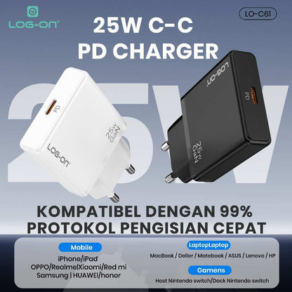LOG-ON  Fast Charger PD25W GaN Ultra Slim  LO-C61   + Kabel USB-C 1.2M | Fast Charging | 8 Layer Protection