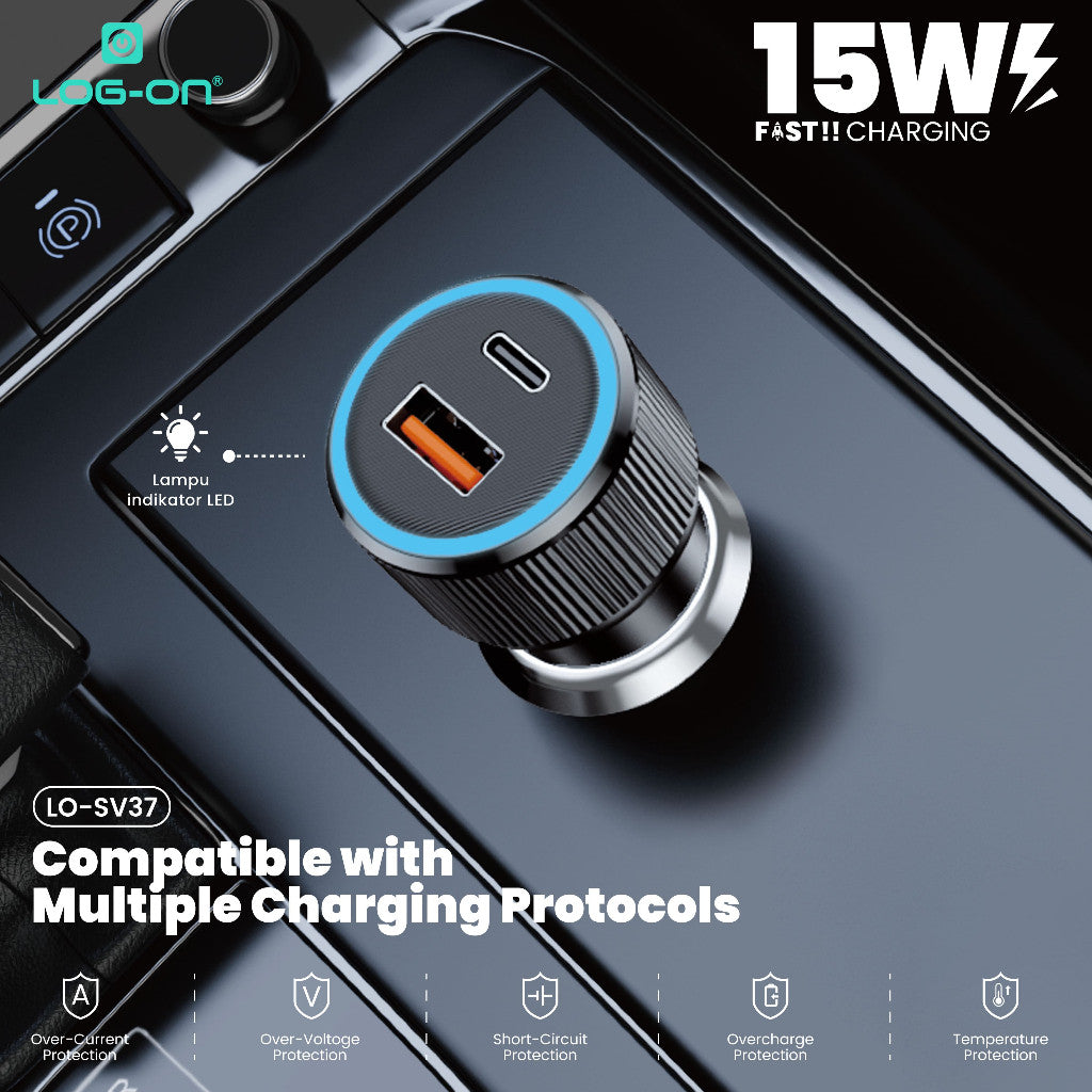 LOG-ON LO-SV37 15W USB Car Charger 2 Port (USB-A + USB-C) + Kabel Type-C | Charger Mobil Fast & Praktis
