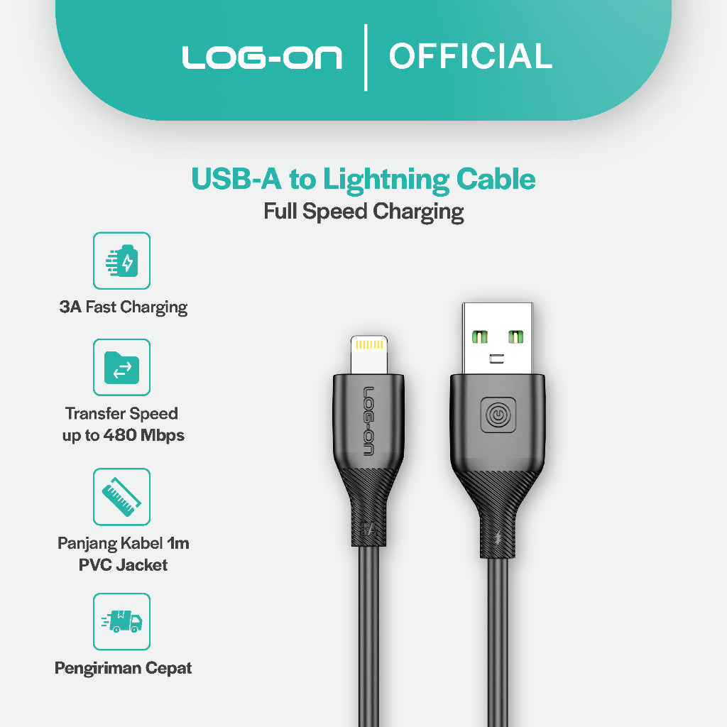 LOG ON KABEL TYPE C/IPHONE FAST CHARGING 3A 1Meter CB80, Desain Tahan Lama, Fleksibel, Pengisian Aman, 30000+ Uji Bending