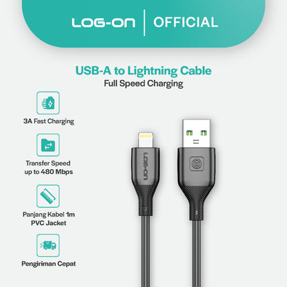 LOG ON KABEL TYPE C/IPHONE FAST CHARGING 3A 1Meter CB80, Desain Tahan Lama, Fleksibel, Pengisian Aman, 30000+ Uji Bending