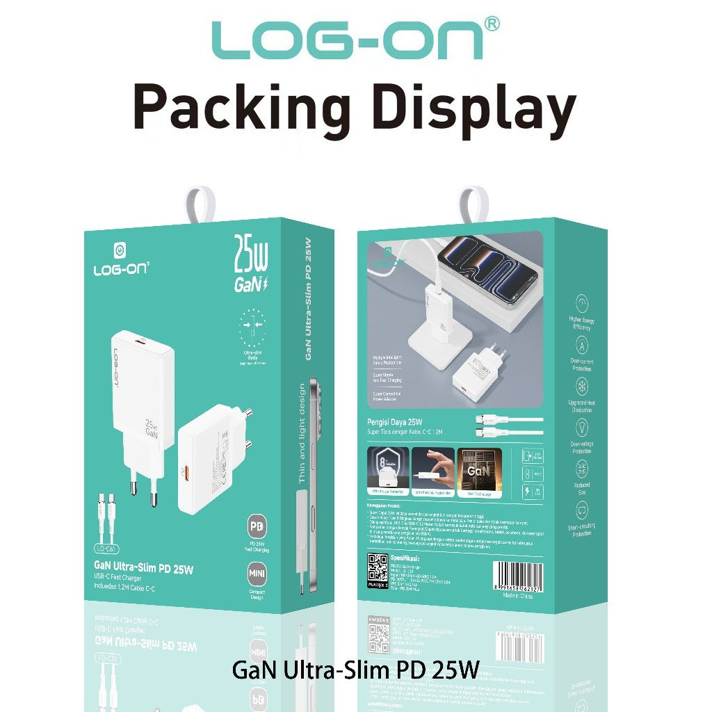 LOG-ON  Fast Charger PD25W GaN Ultra Slim  LO-C61   + Kabel USB-C 1.2M | Fast Charging | 8 Layer Protection