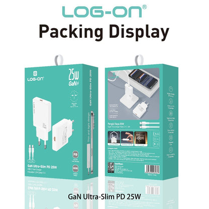 LOG-ON  Fast Charger PD25W GaN Ultra Slim  LO-C61   + Kabel USB-C 1.2M | Fast Charging | 8 Layer Protection