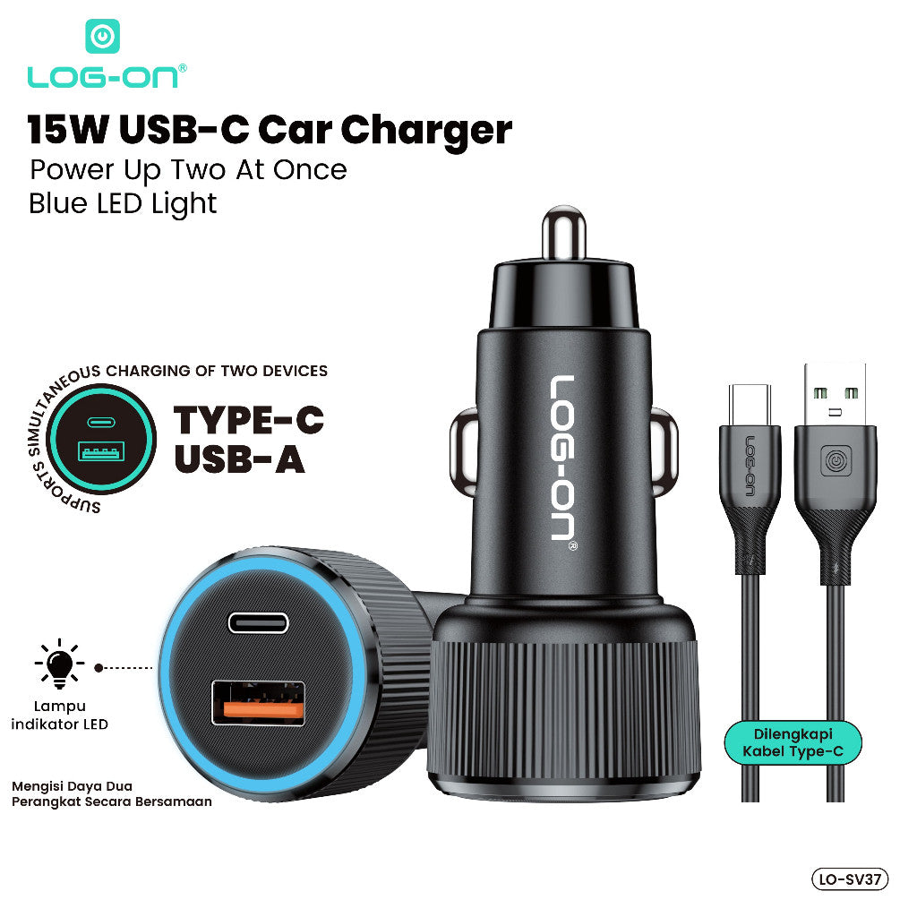 LOG-ON LO-SV37 15W USB Car Charger 2 Port (USB-A + USB-C) + Kabel Type-C | Charger Mobil Fast & Praktis