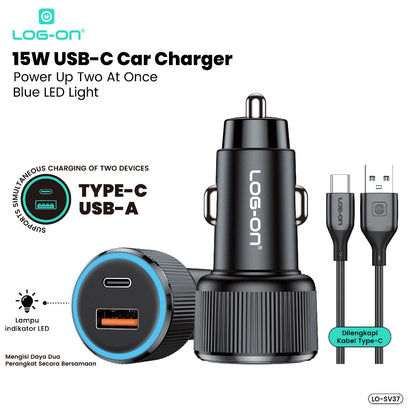 LOG-ON LO-SV37 15W USB Car Charger 2 Port (USB-A + USB-C) + Kabel Type-C | Charger Mobil Fast & Praktis