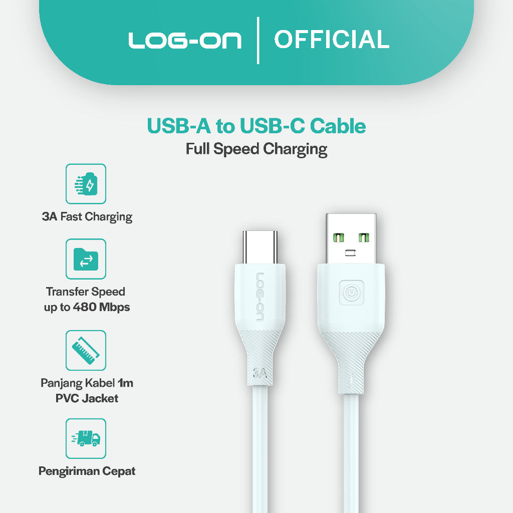 LOG ON KABEL TYPE C/IPHONE FAST CHARGING 3A 1Meter CB80, Desain Tahan Lama, Fleksibel, Pengisian Aman, 30000+ Uji Bending