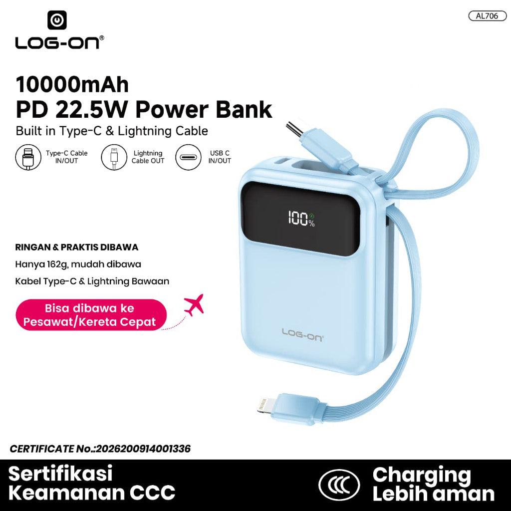 LOG-ON POWERBANK AL706 3C/CCC PD 22.5W 10.000mAh – BUILT-IN CABLE TYPE-C & LIGHTNING