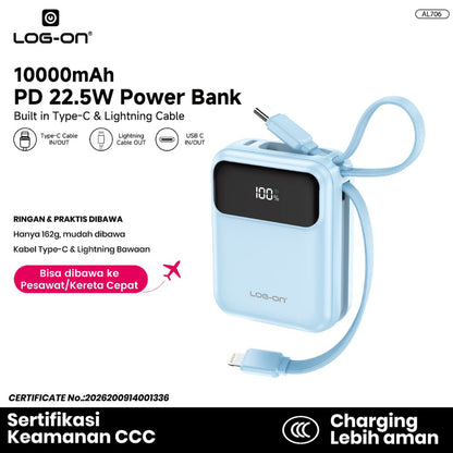 LOG-ON POWERBANK AL706 3C/CCC PD 22.5W 10.000mAh – BUILT-IN CABLE TYPE-C & LIGHTNING