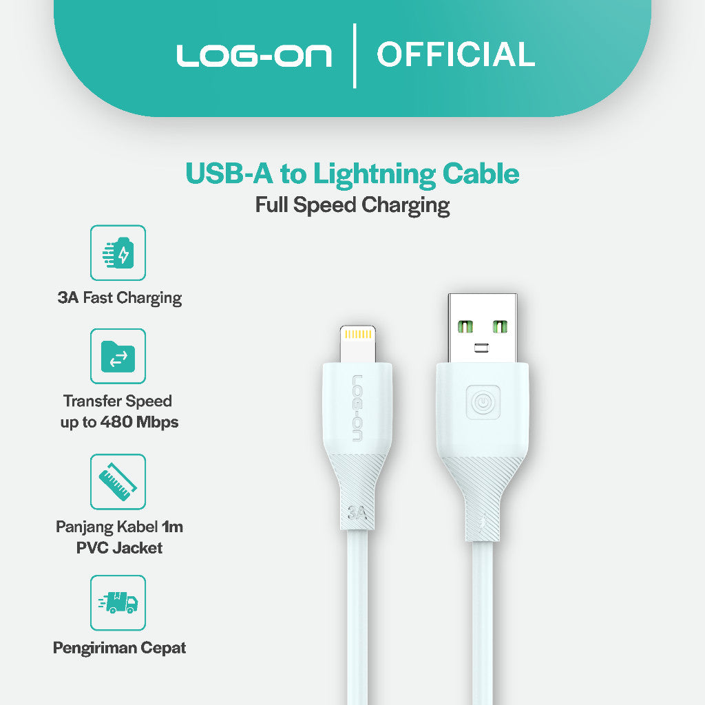 LOG ON KABEL TYPE C/IPHONE FAST CHARGING 3A 1Meter CB80, Desain Tahan Lama, Fleksibel, Pengisian Aman, 30000+ Uji Bending